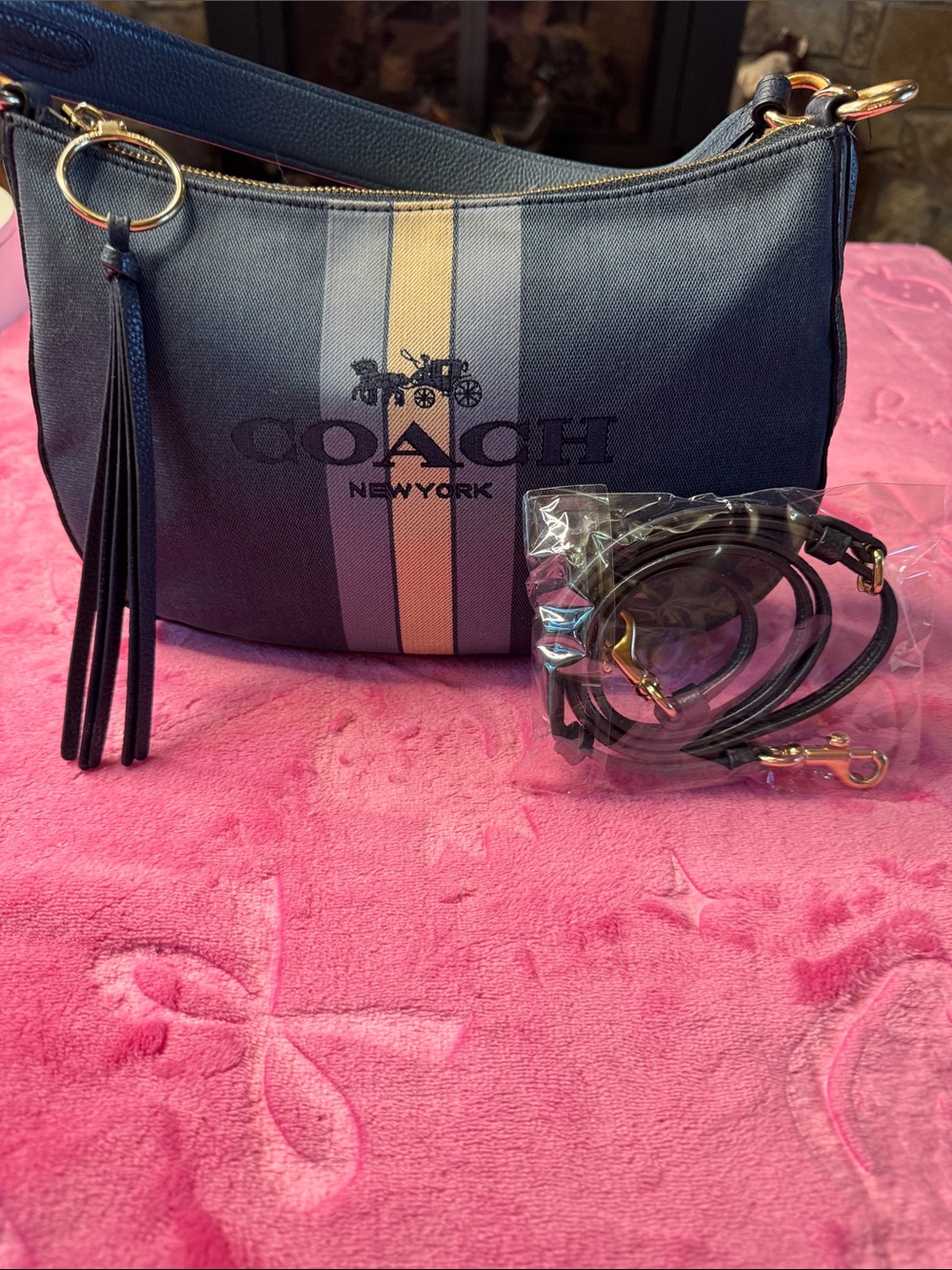 Coach Canvas Stripe Navy Pebbled Leather Crossbody Satchel — J1922‑69647 - Picture 4 of 13